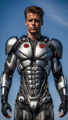 solo,looking at viewer,short hair,simple background,brown hair,gloves,1boy,standing,closed eyes,male focus,cowboy shot,fingerless gloves,armor,lips,bodysuit,muscular,blue background,abs,shoulder armor,science fiction,breastplate,realistic,closed mouth,black gloves,facial hair