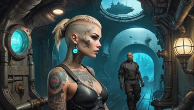 1girl,breasts,short hair,blue eyes,blonde hair,gloves,1boy,cleavage,bare shoulders,jewelry,medium breasts,ponytail,earrings,dark skin,lips,tattoo,makeup,facial hair,piercing,science fiction,realistic,nose,arm tattoo,bald,facial tattoo,cyborg,cyberpunk,steampunk,upper body,tank top,ear piercing,beard,leather,mohawk,eyebrow piercing