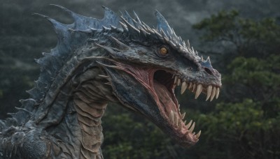 solo,open mouth,tail,yellow eyes,outdoors,sky,teeth,tongue,cloud,blurry,from side,tree,no humans,blurry background,fangs,cloudy sky,sharp teeth,nature,claws,spikes,forest,rain,monster,dragon,scales,dinosaur,realistic,kaijuu