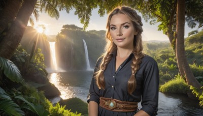 1girl,solo,long hair,looking at viewer,smile,brown hair,shirt,brown eyes,upper body,braid,outdoors,parted lips,day,collared shirt,belt,water,twin braids,tree,lips,looking to the side,black shirt,sunlight,plant,nature,scenery,hair over shoulder,lens flare,forest,backlighting,light rays,rock,realistic,nose,sunbeam,river,waterfall,breasts,dress,sky,artist name,grass,sun,lake