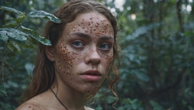 1girl,solo,long hair,looking at viewer,blue eyes,brown hair,jewelry,closed mouth,outdoors,necklace,blurry,tree,lips,depth of field,blurry background,leaf,portrait,nature,forest,freckles,realistic,dirty,eyelashes,blood,expressionless