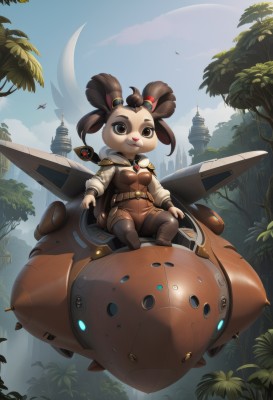 1girl,solo,breasts,looking at viewer,smile,short hair,brown hair,hair ornament,long sleeves,animal ears,twintails,brown eyes,medium breasts,sitting,outdoors,sky,day,belt,tree,moon,thick eyebrows,robot,short twintails,flying,aircraft,furry female,airplane,crescent moon,spacecraft,closed mouth,full body,boots,wings,cloud,cape,mecha,furry