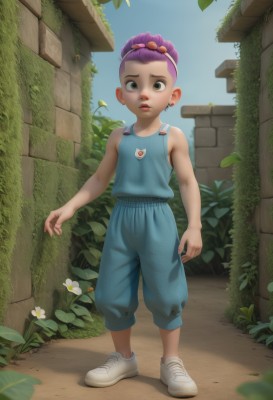 1girl,solo,looking at viewer,short hair,shirt,hair ornament,jewelry,green eyes,standing,full body,purple hair,flower,earrings,outdoors,parted lips,shoes,sleeveless,day,pants,leaf,white footwear,tank top,blue shirt,plant,white flower,sneakers,child,blue pants,female child,male child,brick wall,brown eyes,sky,lips,aged down,badge