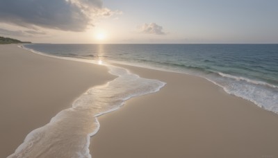 outdoors,sky,cloud,water,tree,no humans,ocean,beach,sunlight,cloudy sky,scenery,sunset,sand,sun,horizon,waves,shore,day