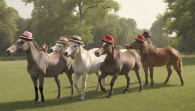 hat,standing,outdoors,day,tree,no humans,animal,grass,nature,scenery,forest,top hat,pink headwear,animal focus,horse,fedora,deer