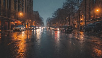 outdoors,sky,water,tree,dutch angle,no humans,night,ground vehicle,building,night sky,scenery,motor vehicle,reflection,rain,city,car,light,road,lamppost,bare tree,street,puddle,sports car,window,bridge,real world location,vanishing point