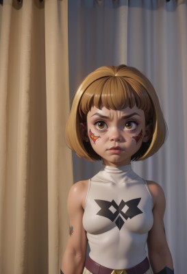 1girl,solo,breasts,looking at viewer,short hair,bangs,blonde hair,brown hair,shirt,bare shoulders,brown eyes,medium breasts,closed mouth,upper body,small breasts,sleeveless,belt,lips,sleeveless shirt,tattoo,turtleneck,facial mark,bob cut,curtains,nose,facial tattoo,facepaint