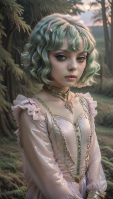 1girl,solo,breasts,looking at viewer,short hair,bangs,long sleeves,dress,jewelry,green eyes,collarbone,upper body,hairband,small breasts,outdoors,frills,parted lips,green hair,choker,artist name,signature,necklace,white dress,blurry,flat chest,tree,lips,see-through,eyelashes,aqua hair,makeup,depth of field,blurry background,wavy hair,own hands together,gem,nature,pendant,eyeshadow,forest,curly hair,realistic,nose,mascara,hair ornament,hairclip,bracelet,night,moon,full moon,freckles