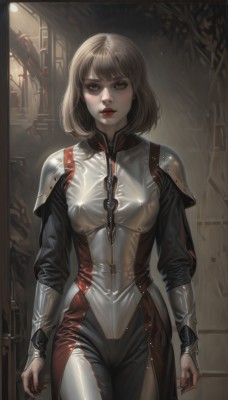 1girl,solo,breasts,looking at viewer,short hair,bangs,brown hair,long sleeves,brown eyes,jewelry,medium breasts,standing,cowboy shot,earrings,parted lips,shiny,indoors,medium hair,nail polish,armor,lips,fingernails,bodysuit,makeup,bob cut,lipstick,shoulder armor,skin tight,science fiction,shiny clothes,realistic,arms at sides,red lips,chain,black nails,pauldrons