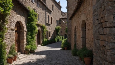 outdoors,sky,day,tree,blue sky,no humans,window,shadow,sunlight,plant,building,scenery,stairs,door,potted plant,road,bush,wall,house,brick wall,street,flower pot,arch,cloud,signature,shade,architecture,pavement,stone wall