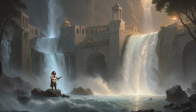 1girl,solo,brown hair,1boy,holding,standing,weapon,male focus,outdoors,sky,pants,hood,water,tree,building,instrument,scenery,rock,fantasy,castle,waterfall,fog,cliff,cave,long hair,black hair,boots,night,steam,lantern,bridge,river