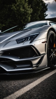 outdoors,cloud,blurry,tree,no humans,ground vehicle,motor vehicle,reflection,car,road,vehicle focus,photo background,sports car,solo,sky,motion blur,wheel