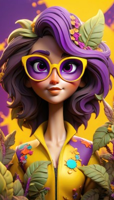 1girl,solo,breasts,looking at viewer,smile,hair ornament,cleavage,medium breasts,closed mouth,purple eyes,collarbone,upper body,purple hair,flower,multicolored hair,artist name,hair flower,medium hair,lips,eyelashes,makeup,leaf,watermark,sunglasses,plant,lipstick,eyeshadow,zipper,sunset,jumpsuit,short hair,glasses,unzipped