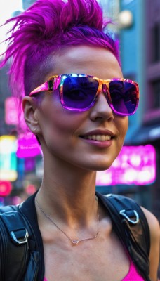 1girl,solo,breasts,smile,short hair,cleavage,jewelry,collarbone,upper body,ponytail,pink hair,purple hair,earrings,teeth,dark skin,necklace,bag,grin,blurry,vest,dark-skinned female,lips,makeup,blurry background,piercing,sunglasses,backpack,tank top,high ponytail,lipstick,portrait,realistic,nose,stud earrings,undercut,tinted eyewear,mohawk,aviator sunglasses,pink-tinted eyewear,looking at viewer,jacket,parted lips,ear piercing,freckles,leather