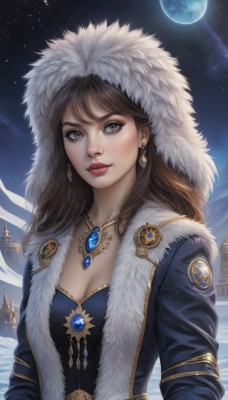 1girl,solo,long hair,breasts,looking at viewer,bangs,brown hair,long sleeves,dress,cleavage,brown eyes,jewelry,medium breasts,upper body,earrings,outdoors,parted lips,open clothes,sky,hood,necklace,lips,coat,fur trim,eyelashes,makeup,night,moon,building,gem,star (sky),night sky,snow,full moon,pendant,starry sky,nose,red lips,blue coat,parka,jacket,lipstick,hood up,open coat,realistic,fur-trimmed coat,blue gemstone