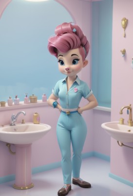 1girl,solo,smile,short hair,blue eyes,shirt,hair ornament,standing,full body,pink hair,short sleeves,hairband,small breasts,shoes,hairclip,belt,pants,indoors,watermark,blue shirt,furry,hands on hips,watch,mirror,furry female,blue pants,wristwatch,bathroom,sink,faucet,blush,jewelry,closed mouth,flower,socks,collared shirt,artist name,bracelet,two-tone hair,lips,window,makeup,buttons,brown footwear,moon,denim,web address,reflection,badge,button badge