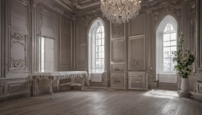 monochrome,flower,day,indoors,no humans,window,chair,table,sunlight,plant,scenery,wooden floor,stairs,door,potted plant,pillar,vase,carpet,candlestand,chandelier,curtains,candle,painting (object),wooden chair