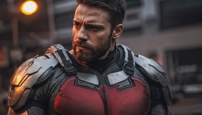 solo,short hair,brown hair,black hair,1boy,closed mouth,upper body,male focus,armor,blurry,looking to the side,bodysuit,muscular,blurry background,facial hair,scar,dark-skinned male,thick eyebrows,pectorals,muscular male,shoulder armor,bara,beard,scar on face,meme,mature male,realistic,mustache,manly,scar across eye,power armor