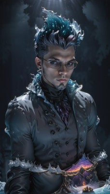 solo,looking at viewer,short hair,blue eyes,black hair,gloves,1boy,jewelry,closed mouth,blue hair,jacket,upper body,male focus,multicolored hair,earrings,glasses,black gloves,artist name,lips,coat,book,fur trim,buttons,glowing,facial hair,beard,black-framed eyewear,realistic,goatee