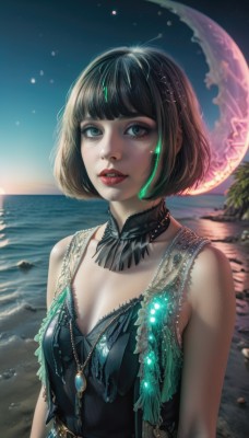 1girl,solo,breasts,looking at viewer,smile,short hair,bangs,blue eyes,brown hair,black hair,hair ornament,dress,cleavage,bare shoulders,jewelry,green eyes,collarbone,upper body,small breasts,outdoors,parted lips,green hair,sky,teeth,sleeveless,choker,artist name,blunt bangs,water,necklace,mole,black eyes,black dress,lips,grey eyes,eyelashes,mole under eye,makeup,night,sleeveless dress,ocean,watermark,beach,moon,bob cut,lipstick,crescent,gem,star (sky),night sky,starry sky,rock,realistic,nose,sand,red lips,crescent moon,medium breasts,earrings,detached collar,glowing,web address,pendant,green dress,arms at sides,eyeliner,waves,mascara,green gemstone