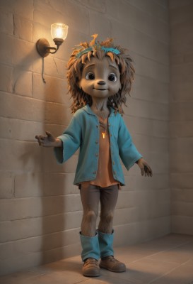 solo,looking at viewer,smile,brown hair,shirt,1boy,jewelry,standing,full body,male focus,open clothes,shoes,pants,necklace,black eyes,child,furry,lamp,furry male,male child,brick wall,animal nose,brown eyes,jacket,socks,mask,brown footwear,against wall