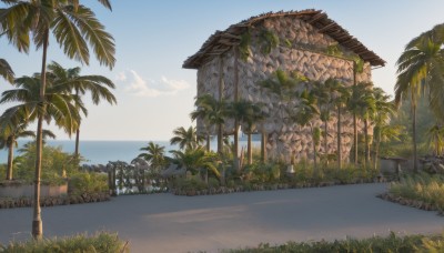 outdoors,sky,day,cloud,water,tree,blue sky,no humans,ocean,beach,grass,plant,building,nature,scenery,rock,sand,palm tree,horizon,shore,bush