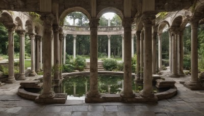 outdoors,day,water,tree,no humans,window,sunlight,plant,nature,scenery,forest,stairs,architecture,ruins,pillar,arch,moss,overgrown,column,indoors,grass,fantasy,bush,statue,garden,stone floor