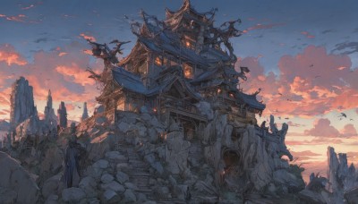 outdoors,sky,cloud,tree,no humans,bird,cloudy sky,building,scenery,sunset,rock,stairs,fantasy,architecture,ruins,flock,east asian architecture