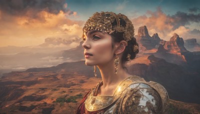 1girl,solo,brown hair,black hair,jewelry,upper body,earrings,outdoors,parted lips,sky,cloud,hair bun,armor,black eyes,lips,makeup,cloudy sky,crown,gem,portrait,scenery,mountain,realistic,landscape,mountainous horizon,closed eyes,from side,single hair bun,shoulder armor,pauldrons,sunset,fantasy