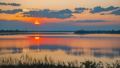 outdoors,sky,cloud,water,tree,no humans,cloudy sky,grass,nature,scenery,forest,reflection,sunset,horizon,road,river,twilight,evening,lake,orange sky,reflective water,mountain,sun,landscape