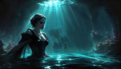 HQ,1girl,solo,long hair,breasts,short hair,blue eyes,black hair,dress,cleavage,bare shoulders,jewelry,medium breasts,collarbone,earrings,solo focus,water,hair bun,black dress,lips,makeup,glowing,looking away,sunlight,lipstick,partially submerged,light rays,underwater,fantasy,red lips,dark,watercraft,sunbeam,looking at viewer,scenery,light,ruins