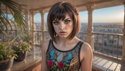 1girl,solo,looking at viewer,short hair,bangs,brown hair,black hair,hair ornament,bare shoulders,brown eyes,upper body,flower,parted lips,sleeveless,day,indoors,blurry,lips,grey eyes,floral print,plant,realistic,nose,railing,potted plant,flower pot,balcony,outdoors,sky,artist name,ocean,tank top