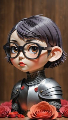 1girl,solo,looking at viewer,blush,short hair,bangs,black hair,brown eyes,closed mouth,upper body,flower,glasses,armor,blurry,lips,eyelashes,makeup,blurry background,rose,lipstick,red flower,shoulder armor,black-framed eyewear,pauldrons,red rose,breastplate,nose,red lips,chainmail,plate armor