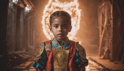 solo,looking at viewer,short hair,blue eyes,brown hair,1boy,brown eyes,closed mouth,upper body,male focus,indoors,dark skin,armor,blurry,lips,blurry background,shoulder armor,child,pauldrons,realistic,pillar,statue,church,column,1girl,standing,backlighting,fantasy