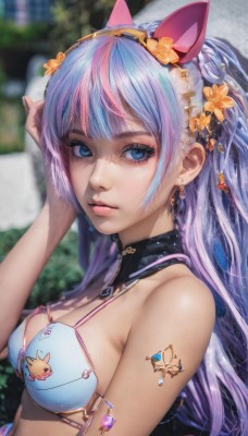 1girl,solo,long hair,breasts,looking at viewer,bangs,blue eyes,hair ornament,animal ears,cleavage,bare shoulders,jewelry,medium breasts,blue hair,swimsuit,upper body,pink hair,flower,bikini,multicolored hair,hairband,earrings,outdoors,parted lips,cat ears,hair flower,blurry,two-tone hair,lips,streaked hair,eyelashes,tattoo,blurry background,fake animal ears,bikini top only,blue bikini,hand in own hair,realistic,closed mouth,purple hair,day,artist name,necklace,from side,gradient hair,detached collar,white bikini,animal print,nose,hand on own head