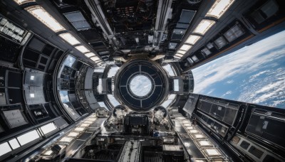 sky,cloud,no humans,window,building,scenery,science fiction,space,planet,earth (planet),spacecraft,spacesuit,cockpit,solo,day,indoors,blue sky,helmet,machinery,realistic,cable,astronaut