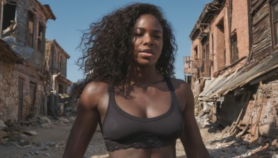 1girl,solo,long hair,breasts,large breasts,black hair,cleavage,medium breasts,underwear,upper body,outdoors,parted lips,sky,day,dark skin,bra,dark-skinned female,blue sky,lips,building,messy hair,curly hair,sports bra,realistic,ruins,very dark skin,looking at viewer,brown hair,bare shoulders,brown eyes,road,dirty,street