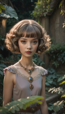 1girl,solo,breasts,looking at viewer,short hair,bangs,brown hair,hair ornament,dress,brown eyes,jewelry,closed mouth,collarbone,upper body,small breasts,outdoors,sleeveless,day,belt,artist name,blunt bangs,necklace,white dress,mole,blurry,tree,lips,bare arms,makeup,sleeveless dress,depth of field,blurry background,leaf,expressionless,sunlight,bug,plant,gem,nature,pendant,forest,freckles,curly hair,realistic,nose,arms at sides,red lips,standing,earrings,parted lips,lipstick,brown belt