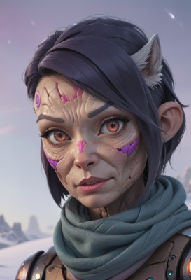 1girl,solo,looking at viewer,short hair,black hair,animal ears,brown eyes,jewelry,earrings,parted lips,cat ears,scarf,blurry,lips,animal ear fluff,blurry background,facial mark,portrait,extra ears,science fiction,realistic,nose,android,cyborg,cyberpunk,outdoors,teeth,eyelashes,thick eyebrows,close-up,facepaint,dirty,damaged,dirty face,mechanical parts