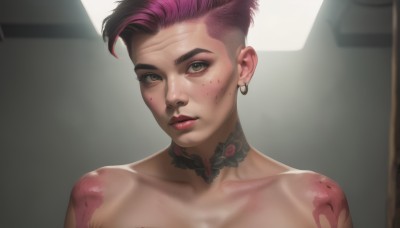 1girl,solo,looking at viewer,short hair,brown eyes,jewelry,closed mouth,green eyes,collarbone,upper body,pink hair,multicolored hair,earrings,choker,two-tone hair,lips,blood,tattoo,makeup,black choker,scar,piercing,lipstick,portrait,scar on face,eyeshadow,freckles,injury,blood on face,nose,eyeliner,very short hair,undercut,bruise,mascara,eyebrow cut,nude,realistic