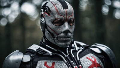 solo,looking at viewer,1boy,brown eyes,upper body,male focus,armor,blurry,bodysuit,mask,depth of field,blurry background,helmet,portrait,science fiction,realistic,cyborg,power armor,cyberpunk