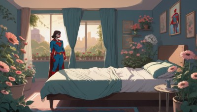 1girl,solo,brown hair,black hair,gloves,1boy,standing,flower,male focus,belt,indoors,cape,pillow,window,bodysuit,bed,mask,shadow,on bed,table,sunlight,plant,curtains,red flower,building,scenery,pink flower,red gloves,city,red cape,potted plant,bedroom,superhero,vase,red bodysuit,blue bodysuit,short hair,cup,blanket,wide shot,painting (object),flower pot