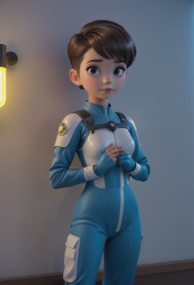 1girl,solo,breasts,looking at viewer,short hair,bangs,brown hair,gloves,brown eyes,closed mouth,standing,cowboy shot,small breasts,indoors,fingerless gloves,uniform,lips,bodysuit,makeup,blue gloves,jumpsuit,blue bodysuit,zipper,nose,harness