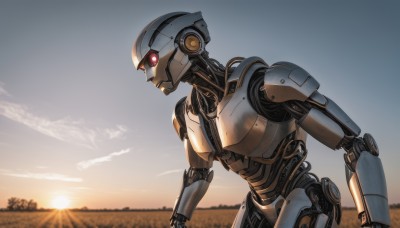 solo,red eyes,upper body,outdoors,sky,cloud,blurry,from side,no humans,glowing,robot,mecha,science fiction,sunset,sun,looking ahead,humanoid robot,1boy,male focus,glowing eyes,one-eyed