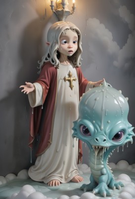 1girl,long hair,open mouth,blue eyes,blonde hair,dress,standing,full body,white hair,barefoot,teeth,tongue,pointy ears,wet,child,wet clothes,monster,robe,female child,candle,dripping,solo,cross,fire,slime (substance),candlelight