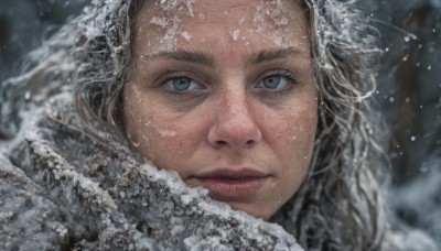 1girl,solo,long hair,looking at viewer,blue eyes,closed mouth,outdoors,water,blurry,lips,grey eyes,eyelashes,blurry background,portrait,snow,close-up,snowing,realistic,nose,winter,freckles,serious