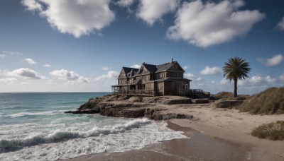 outdoors,sky,day,cloud,water,tree,blue sky,no humans,ocean,beach,cloudy sky,grass,building,scenery,sand,palm tree,horizon,house,waves,shore,rock