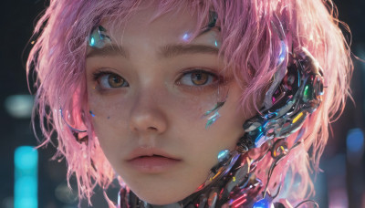 1girl, solo, looking at viewer, short hair, brown eyes, closed mouth, pink hair, blurry, lips, eyelashes, blurry background, expressionless, portrait, close-up, science fiction, realistic, nose, android, cable, cyberpunk