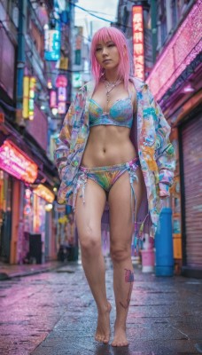 1girl,solo,breasts,looking at viewer,bangs,blue eyes,large breasts,navel,cleavage,jewelry,medium breasts,underwear,standing,panties,jacket,swimsuit,full body,pink hair,bikini,outdoors,open clothes,barefoot,necklace,stomach,bra,blurry,feet,open jacket,lips,blurry background,floral print,city,realistic,hands in pockets,road,street,cyberpunk,alley,long hair,thighs,earrings,shorts,day,bare legs,tattoo,makeup,web address,walking,blue bra,leg tattoo,neon lights