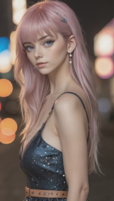 1girl,solo,long hair,breasts,looking at viewer,bangs,blue eyes,hair ornament,dress,cleavage,bare shoulders,jewelry,medium breasts,closed mouth,upper body,pink hair,earrings,sleeveless,hairclip,belt,artist name,star (symbol),blurry,black dress,from side,lips,eyelashes,makeup,sleeveless dress,depth of field,blurry background,blue dress,freckles,realistic,nose,bokeh,spaghetti strap